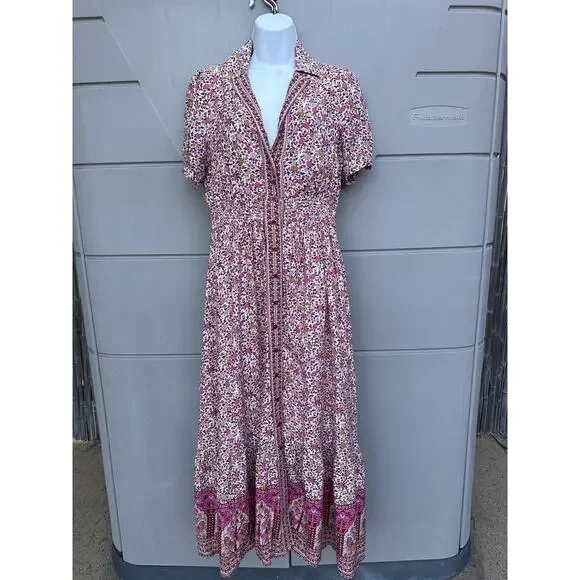 In Loom Floral Border Print Button Front Midi Dress Sz S Feminine Cottagecore - Picture 6 of 14